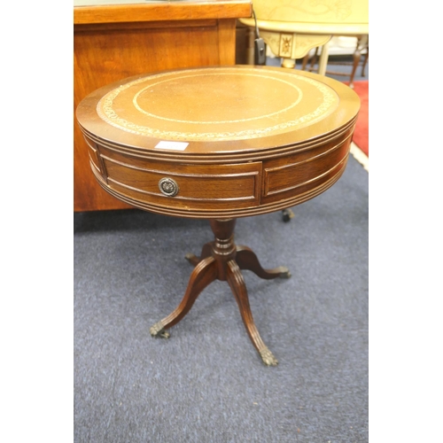 604 - Mahogany and leather inset pedestal drum table, 50cm diameter