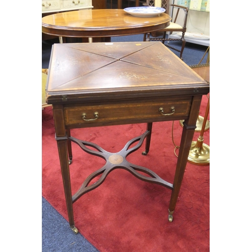 613 - Victorian mahogany and inlaid envelope card table in the Sheraton Revival style, width 55cm