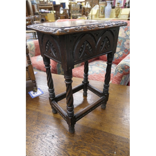 616 - Carved oak stool in 17th Century style, width 35.5cm, height 52cm