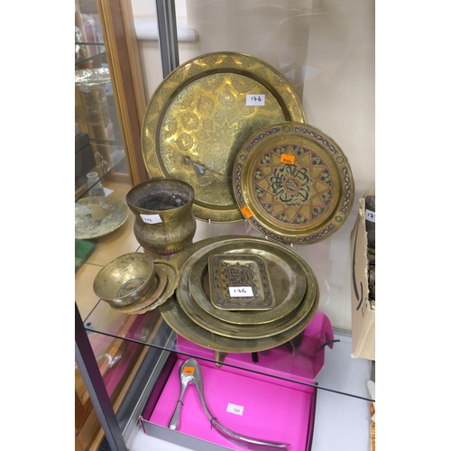 176 - Cairo ware brass and silver inlaid plate, a similar rectangular dish and other brassware