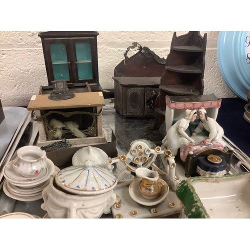 68 - Assortment of doll's house furniture and teaware, also a Victorian china fairing (2 trays)