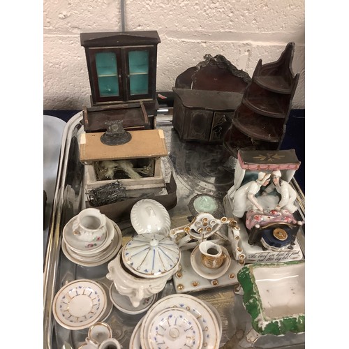 68 - Assortment of doll's house furniture and teaware, also a Victorian china fairing (2 trays)