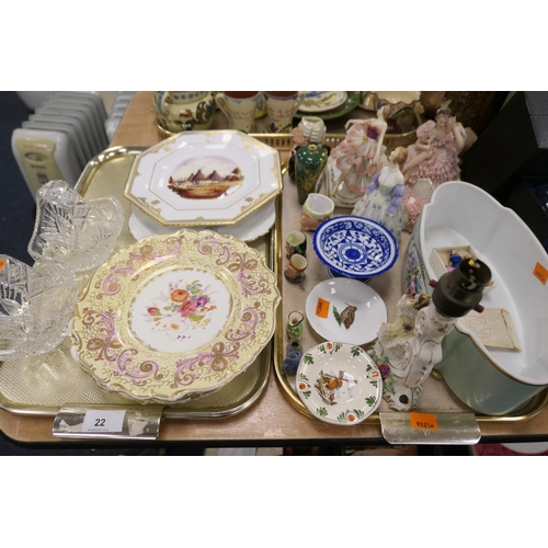 22 - Assorted ornamental china including Royal Doulton miniature character jugs, lacework figures, Spode ... 