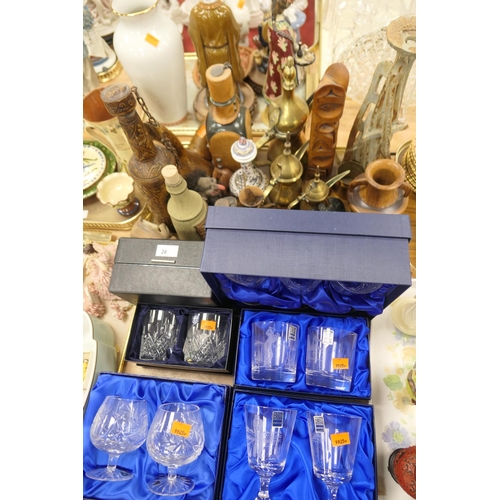 26 - Number of ornamental souvenir items including brassware, turned wooden vase, boxed cut crystal and e... 