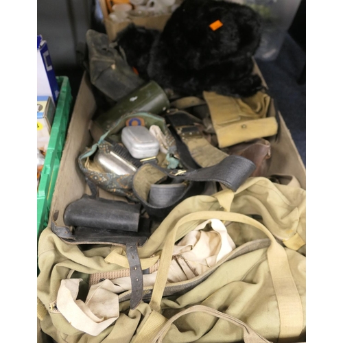 36 - Assorted military belts, accessories, fake fur Russian hat etc