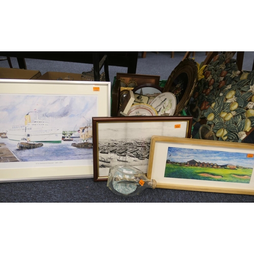 55 - Ship in a bottle, decorative plates, other ceramics, kitchen ornaments, framed golfing and other pri... 