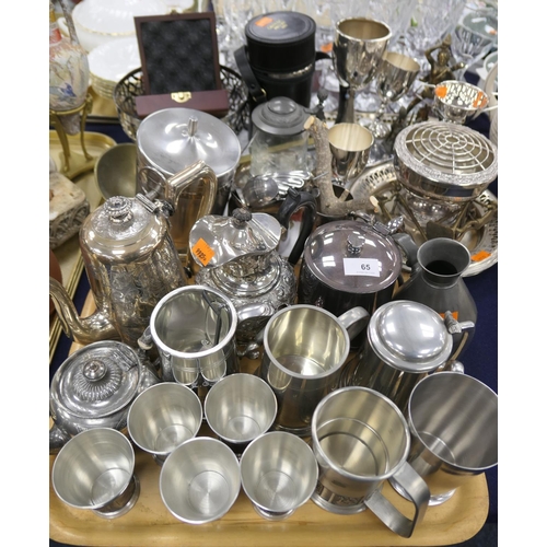 65 - Victorian silver plated wares, pewter tankards etc (2 trays)