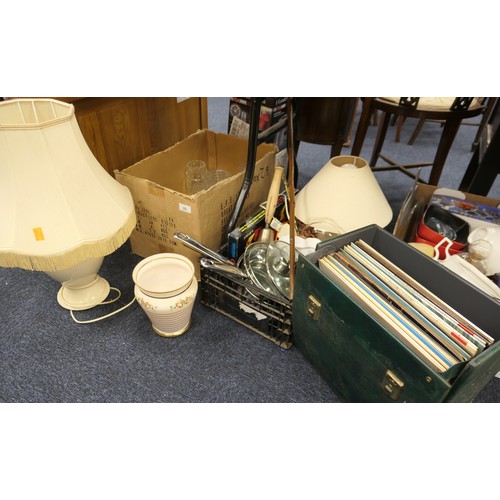 53 - Household kitchenalia including stainless steel pans, mixed glassware, lamps, case of LPs etc