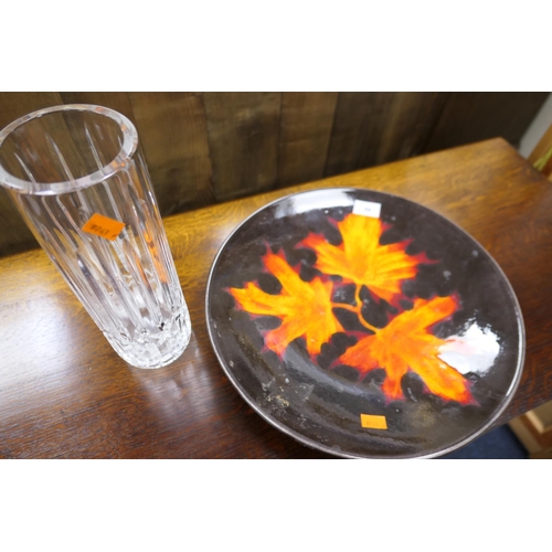 69 - Poole pottery dish in the Forest Flame pattern, and a heavy cut glass sleeve vase (2)