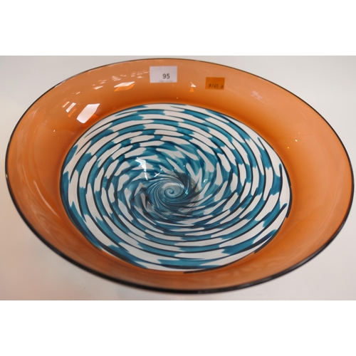 95 - Bob Crooks ruby and turquoise glass open lattice bowl, 32.5cm diameter