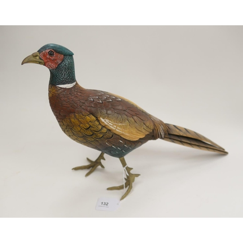 132 - Hand decorated model of a cock pheasant, indistinctly signed, 50cm