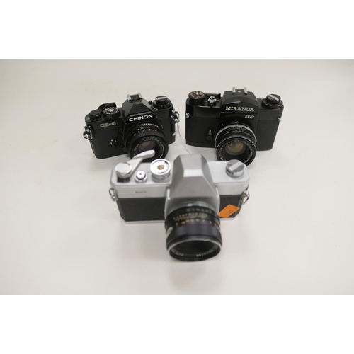 150 - Three SLR cameras: Chinon CE-4, Miranda EE-2 and Maiya-Sekor 500TL