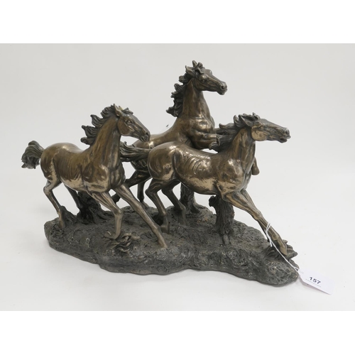 157 - Bronze finish resin sculpture of galloping horses, 40cm