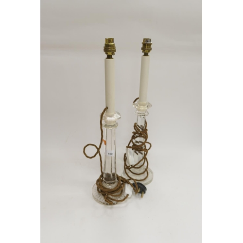 160 - Pair of cut glass candlestick table lamps, height to the top of the glass, 31.5cm, to the bulb fitti... 