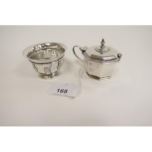 168 - George V silver octagonal mustard pot with blue glass liner, Birmingham 1936, also an Edwardian silv... 