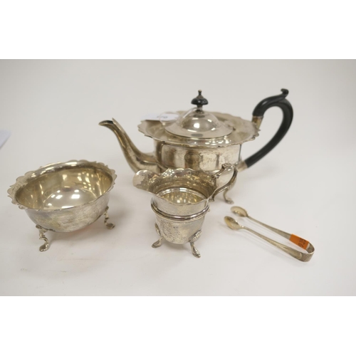 170 - Silver three piece tea service, maker W.A, Birmingham 1907, comprising lidded teapot, milk jug and s... 