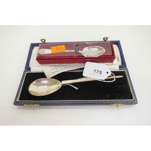 175 - AE Jones silver replica Roman christening spoon, Birmingham 1969, cased; also an Elizabeth II Silver... 