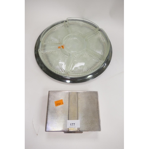 177 - Christofle silver plated and frosted glass cake stand, with various unrelated moulded glass hors h'o... 