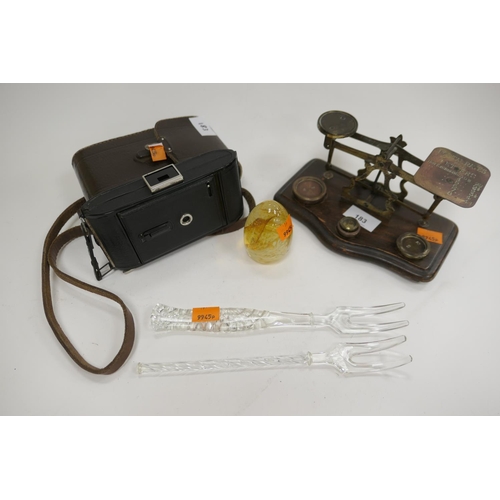 183 - Vintage postal scales with weights, also glass salad forks, cased Voigtlander Bessa folding camera a... 