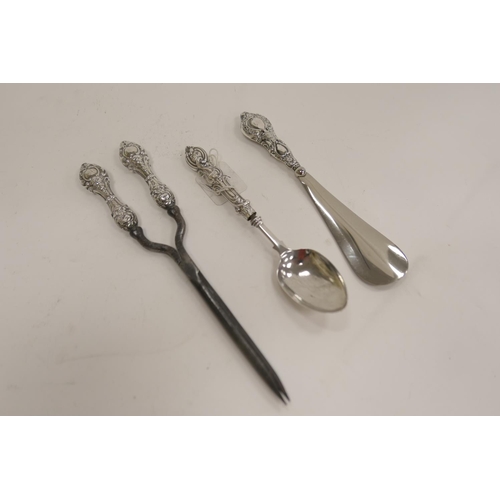 190 - Victorian silver preserve spoon by George Unite, Birmingham 1887, also silver handled curling tongs ... 