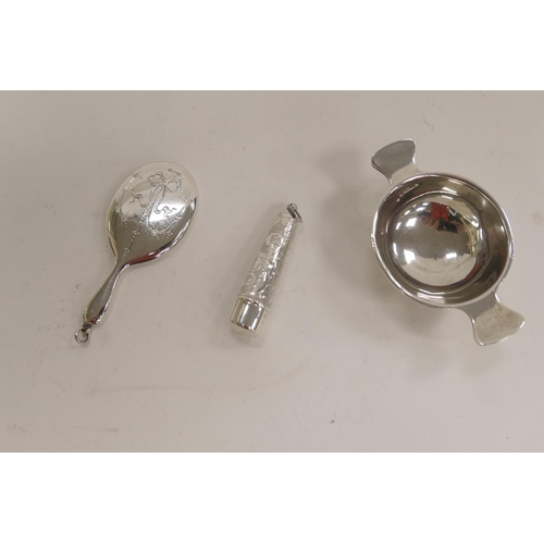 194 - Edwardian miniature silver quaich, Birmingham 1906, also a miniature silver hand mirror, marks indis... 