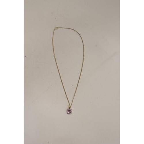 204 - 9ct gold white and pink gemstone pendant necklace (one stone deficient), the necklace 51.5cm, gross ... 