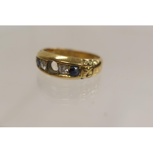 214 - Victorian 18ct gold diamond and sapphire gypsy ring (central sapphire deficient), hallmarked Birming... 