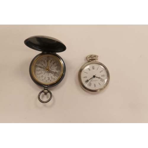 225 - Silver plated pocket compass, 46mm, also a chrome cased crownwind pocket watch, 40mm (2)