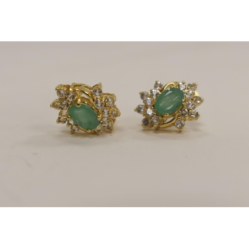 231 - Pair of Thai made emerald (untested) and white gem stone earrings, in silver gilt, 15mm