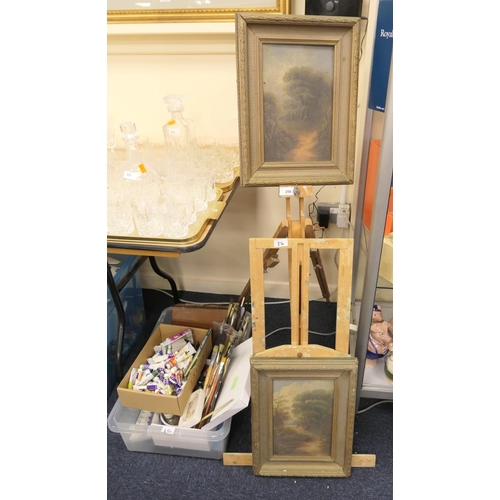 250 - Artist's materials including a folding field easel, assorted paints, brushes etc, and two framed Edw... 