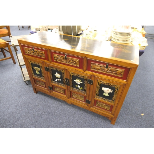 254 - Oriental lacquered and hardstone shibayama side cabinet, width 119cm, depth 40cm, height 81cm