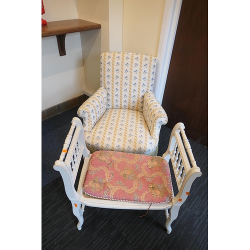 256 - French painted caned stool, width 69cm, also a fabric upholstered tub chair (2)