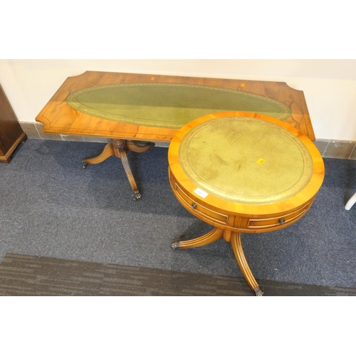 257 - Yewood drum occasional table and a matching twin pedestal coffee table (2)