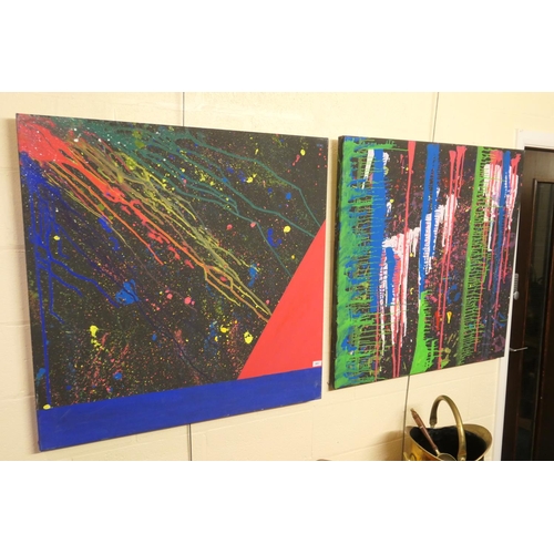 263 - Two Harris Academy student abstract oil paintings, both unframed and 100cm square