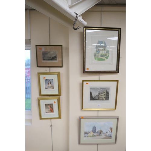 291 - Framed watercolour of a village scene, also two framed mezzotint engravings by Dupont after Sir Thom... 