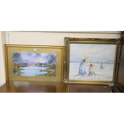 298 - Gilt framed oil painting, Girls on a beach, indistinctly signed oil on canvas; also J Collinge, a tr... 