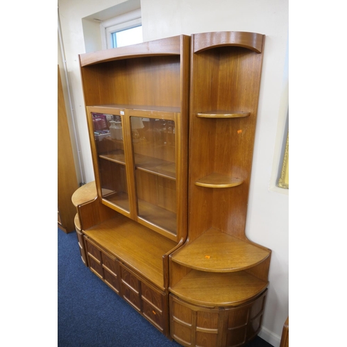 306 - Nathan teak glazed display unit, width 102cm, height 184cm, also two Nathan teak corner units (3)