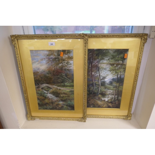 308 - Monogrammist WHR, Pair, Woodland landscapes, signed with initials and dated '08, presented in gilt f... 