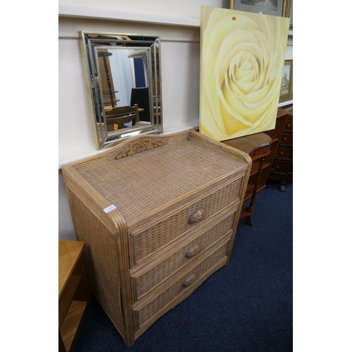 315 - Rattan three drawer chest, also a modern mirror and an unframed modern picture of a yellow rose (3)