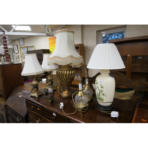 354 - Two pairs of modern table lamps, also a large gilt coloured wrythen urn table lamp, height 73cm to t... 