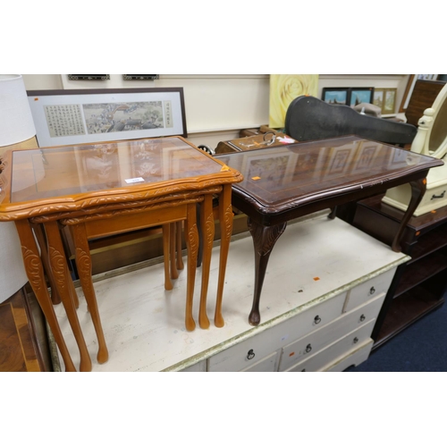 359 - Mahogany glass topped coffee table, and a nest of yewood and stained beech glass topped coffee table... 