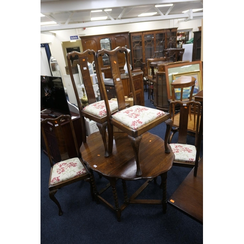 369 - George V oak barleytwist gateleg table, also four Queen Anne style slat back dining chairs (5)