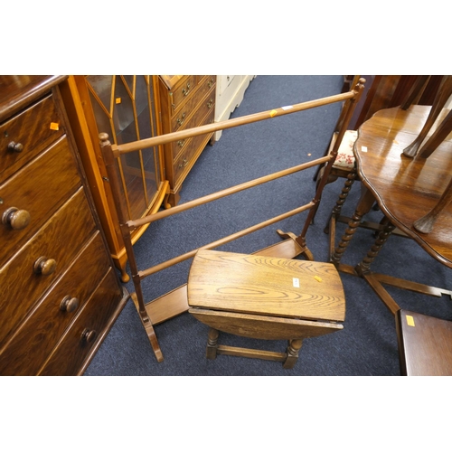 370 - Early 19th Century mahogany towel rail, width 94cm, height 100cm, also a small oak drop leaf occasio... 