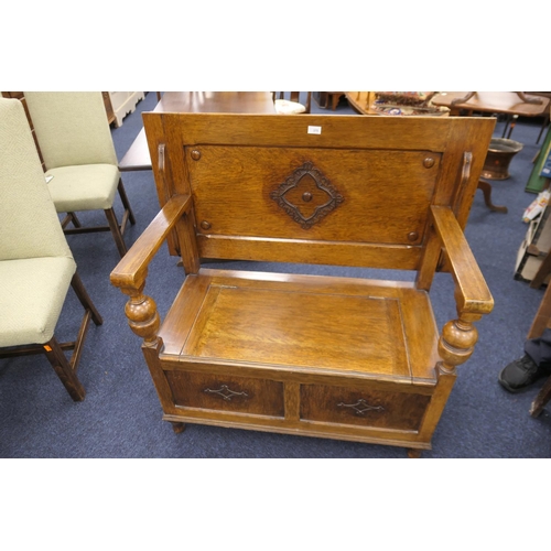 375 - George V oak monks bench, width 106cm, height 80cm, depth 50cm