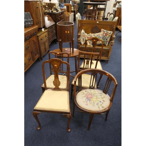 376 - Edwardian mahogany and inlaid tub chair, also an Edwardian oval occasional table, mahogany barrel fo... 