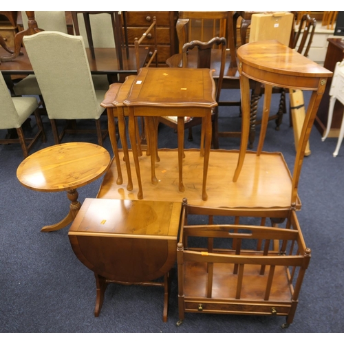 382 - Selection of yewood occasional furniture comprising  nest of tables, galleried coffee table, circula... 