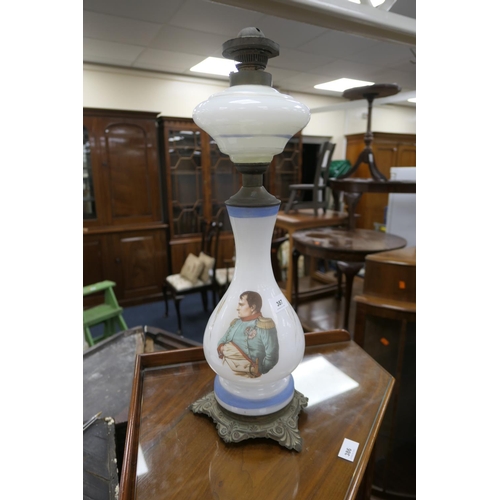 387 - French opaline glass pedestal oil lamp base decorated with a portrait of Napoleon, height 56cm