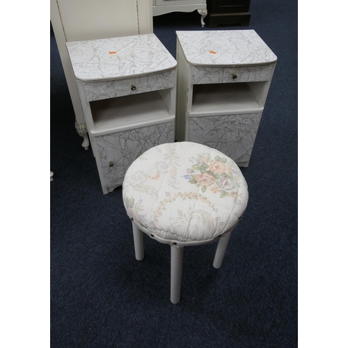 401 - Pair of retro faux marble fronted bedside cabinets and a dressing table stool (3)