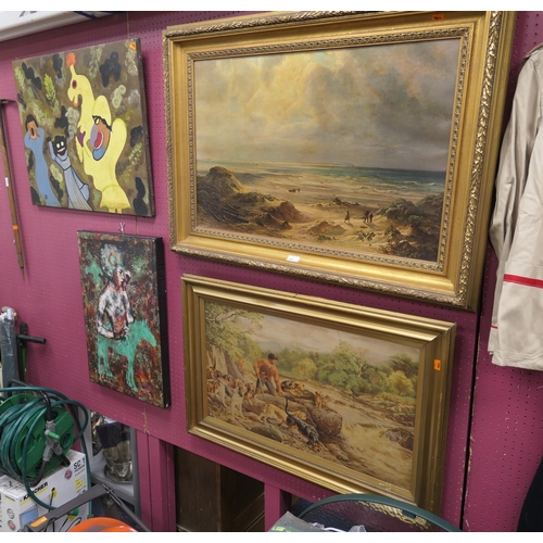 431 - Two gilt framed prints, also an unusual collage featuring a boy on a green horse, and a Surrealist s... 