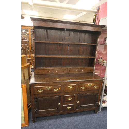 442 - North Wales oak dresser with boarded plate rack and spice drawers, width 142cm, height 188cm, depth ... 